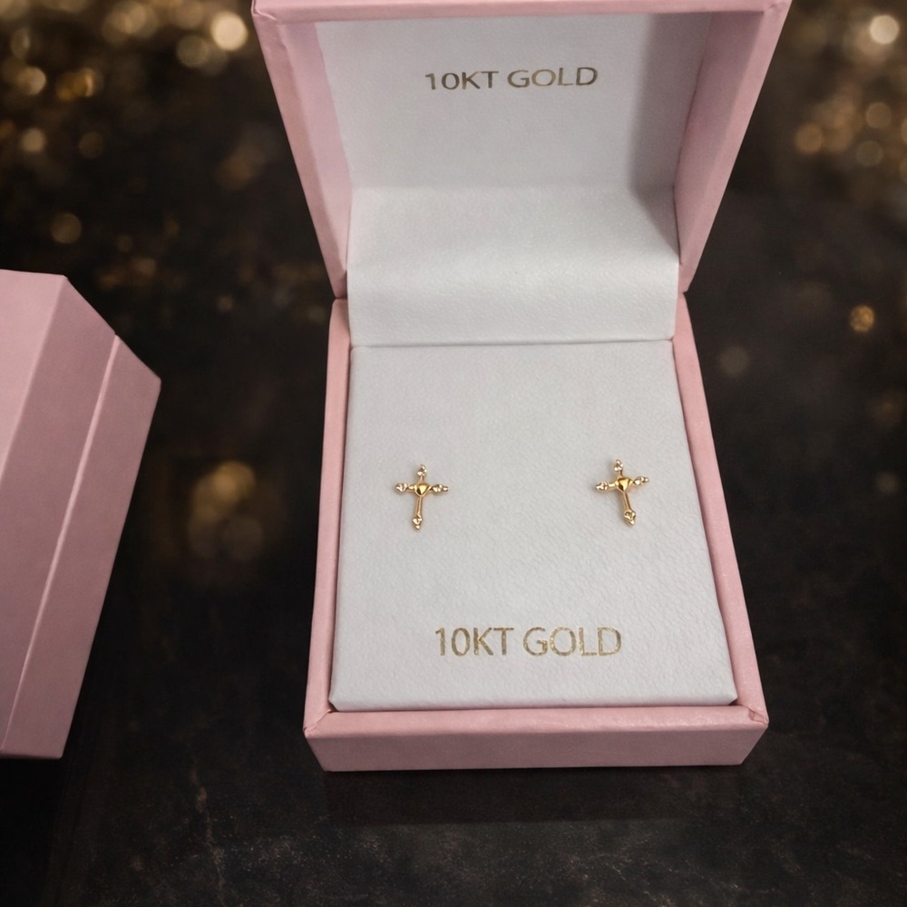NEW 10K Gold Cross Stud Earrings Kids Faith Gift